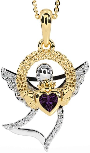 Diamond Alexandrite White Yellow Gold Claddagh Celtic Trinity Knot Necklace