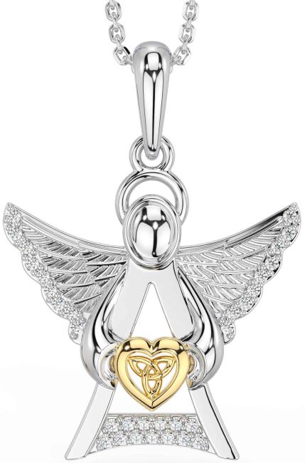 Diamond White Yellow Gold Celtic Trinity Knot Heart Necklace
