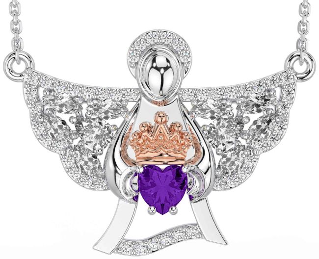 Diamond Amethyst Rose Gold Silver Claddagh Necklace