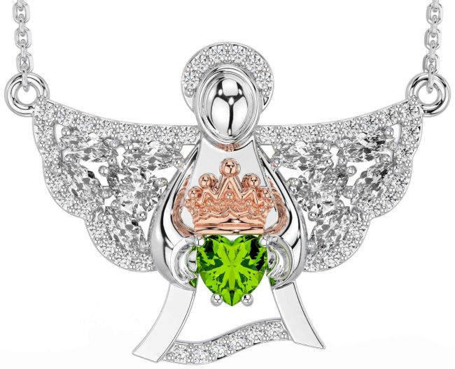 Diamond Peridot Rose Gold Silver Claddagh Necklace