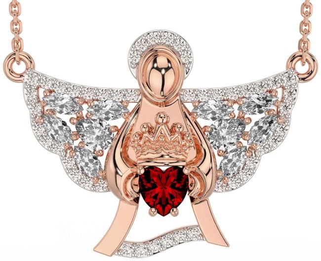 Diamond Garnet Rose Gold Silver Claddagh Necklace