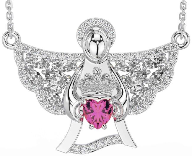 Diamond Pink Tourmaline Silver Claddagh Necklace
