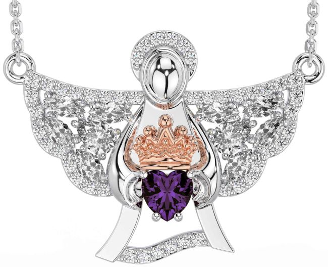 Diamond Alexandrite Rose Gold Silver Claddagh Necklace