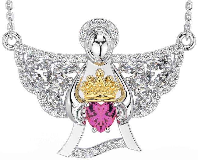 Diamond Pink Tourmaline Gold Silver Claddagh Necklace