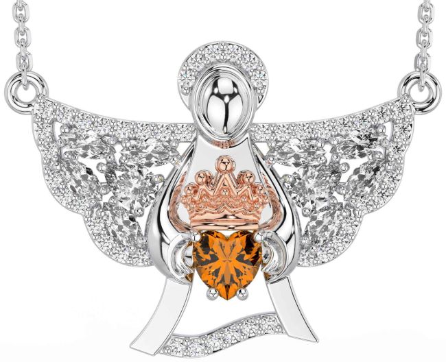 Diamond Citrine White Rose Gold Claddagh Necklace