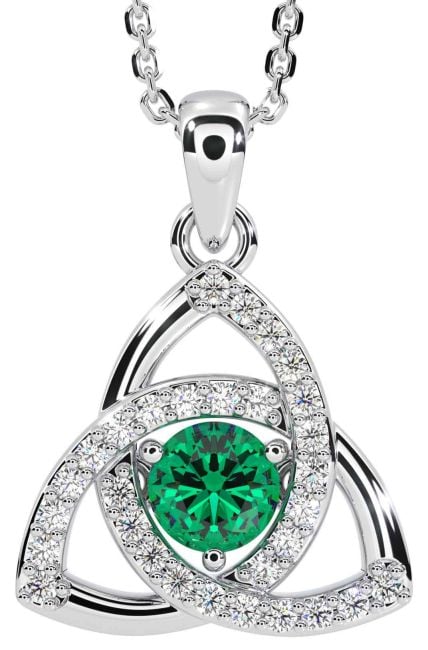 Diamond Emerald Silver Celtic Trinity Knot Necklace