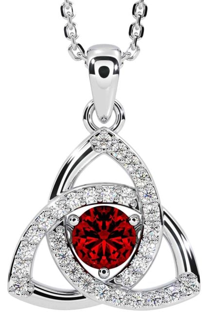 Diamond Garnet Silver Celtic Trinity Knot Necklace
