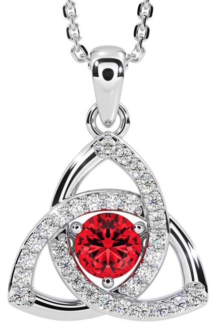 Diamond Ruby Silver Celtic Trinity Knot Necklace