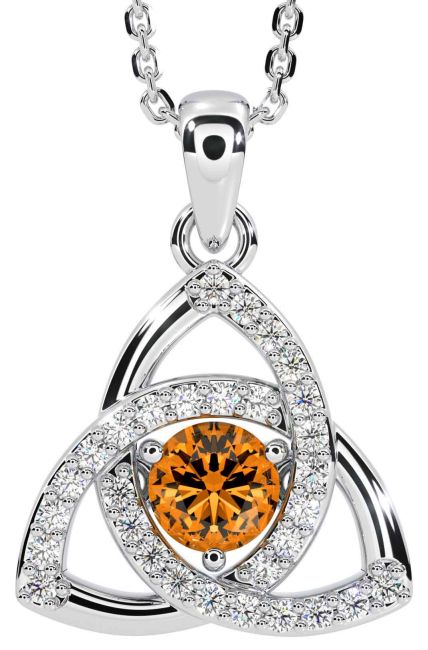 Diamond Citrine White Gold Celtic Trinity Knot Necklace