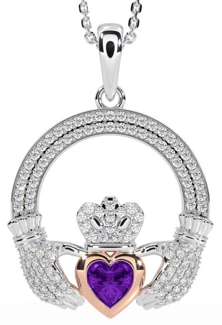 Diamond Amethyst Rose Gold Silver Claddagh Necklace