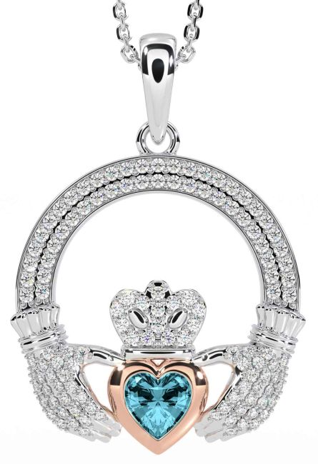 Diamond Aquamarine Rose Gold Silver Claddagh Necklace