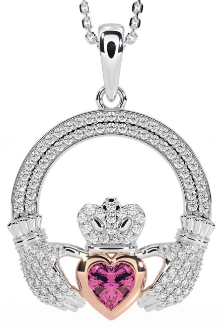 Diamond Pink Tourmaline Rose Gold Silver Claddagh Necklace