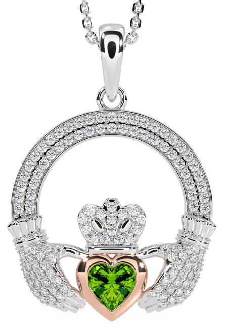 Diamond Peridot Rose Gold Silver Claddagh Necklace