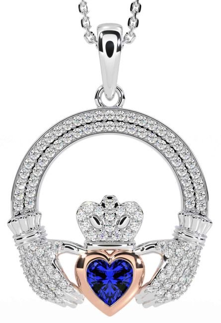 Diamond Sapphire Rose Gold Silver Claddagh Necklace