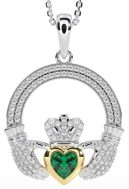 Diamond Emerald Gold Silver Claddagh Necklace