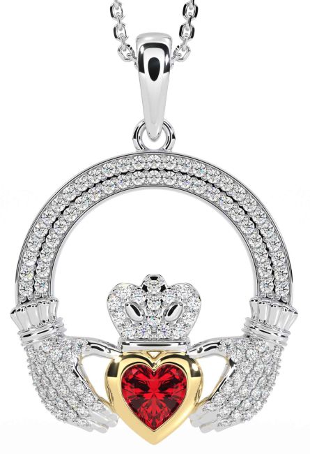 Diamond Ruby Gold Silver Claddagh Necklace