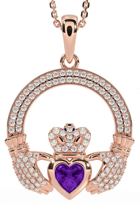 Diamond Amethyst Rose Gold Silver Claddagh Necklace