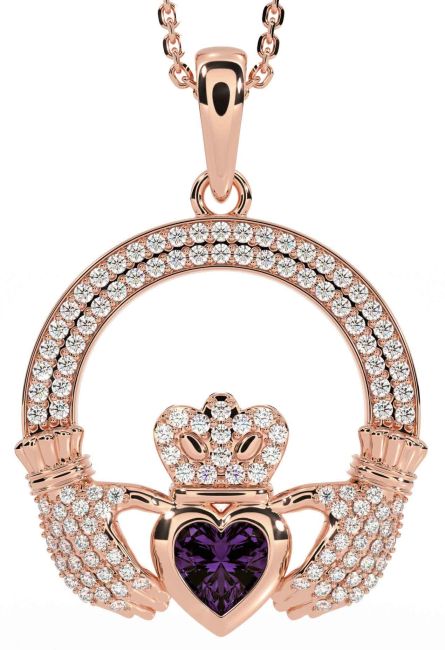 Diamond Alexandrite Rose Gold Silver Claddagh Necklace