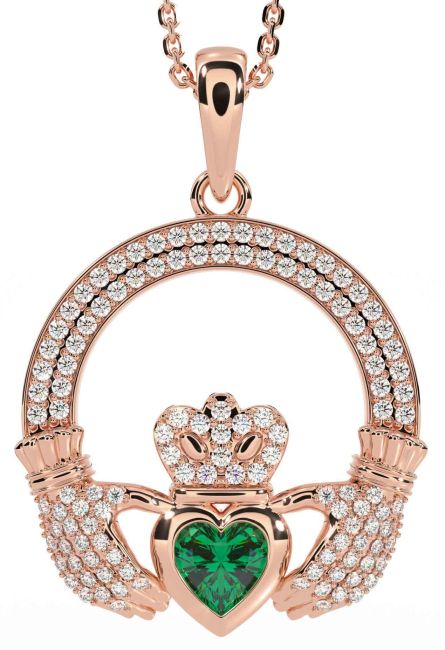 Diamond Emerald Rose Gold Silver Claddagh Necklace