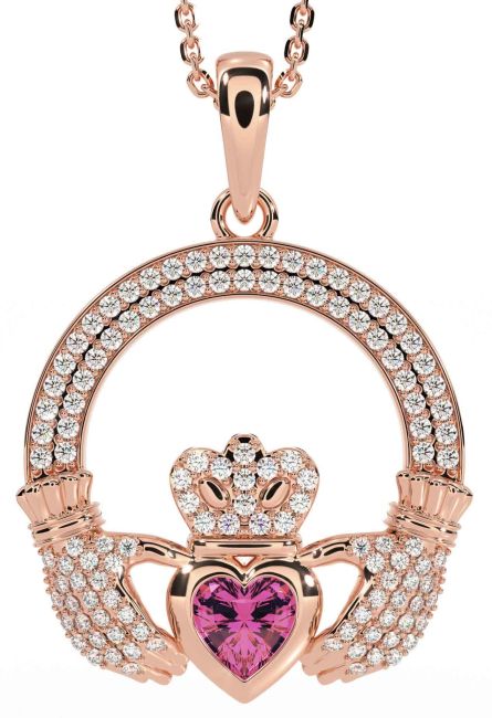 Diamond Pink Tourmaline Rose Gold Silver Claddagh Necklace