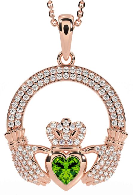 Diamond Peridot Rose Gold Silver Claddagh Necklace