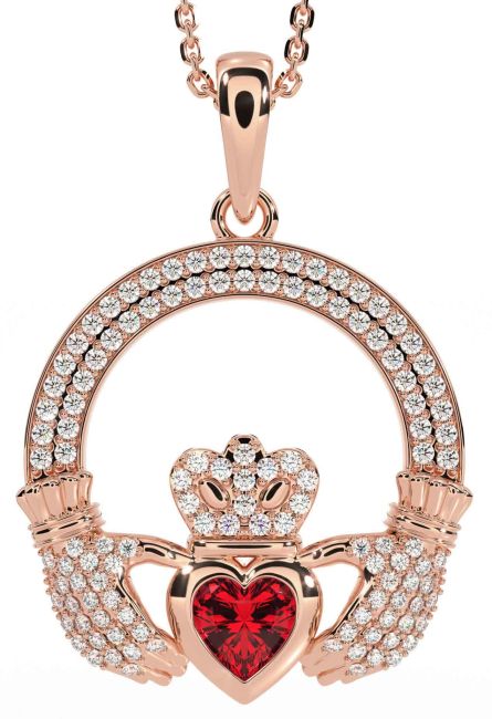 Diamond Ruby Rose Gold Silver Claddagh Necklace