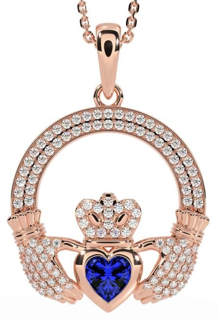 Diamond Sapphire Rose Gold Silver Claddagh Necklace