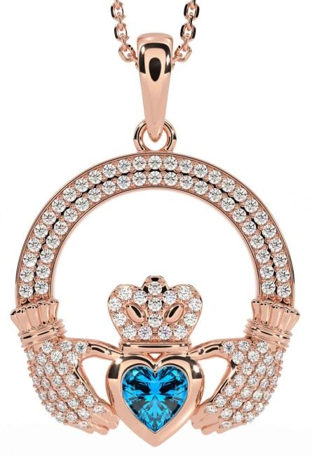 Diamond Topaz Rose Gold Silver Claddagh Necklace