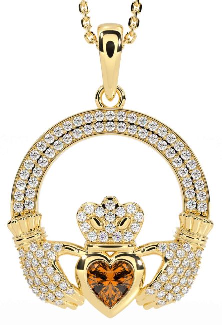 Diamond Citrine Gold Silver Claddagh Necklace