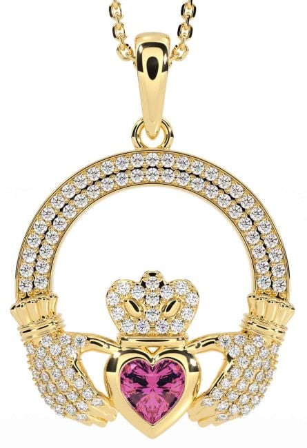 Diamond Pink Tourmaline Gold Silver Claddagh Necklace