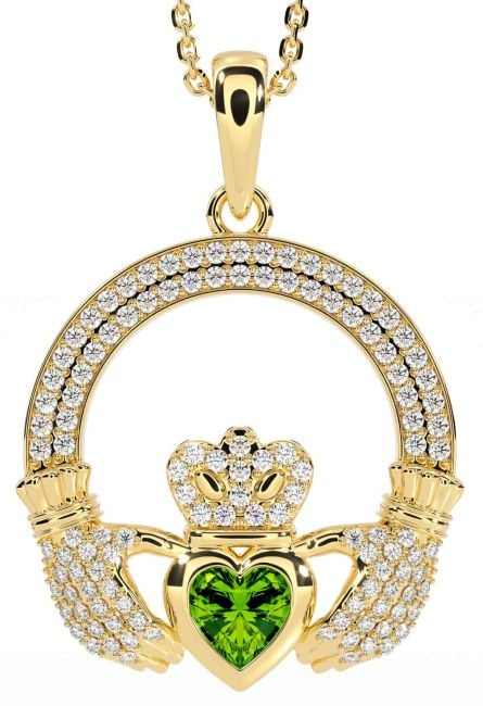 Diamond Peridot Gold Silver Claddagh Necklace