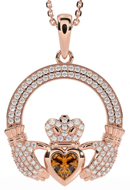 Diamond Citrine Rose Gold Claddagh Necklace
