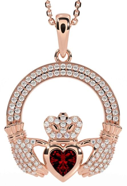 Diamond Garnet Rose Gold Claddagh Necklace