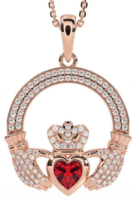 Diamond Ruby Rose Gold Claddagh Necklace