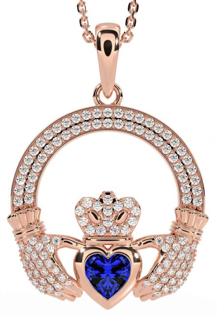 Diamond Sapphire Rose Gold Claddagh Necklace