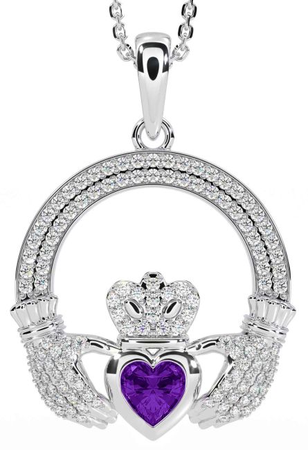 Diamond Amethyst Silver Claddagh Necklace