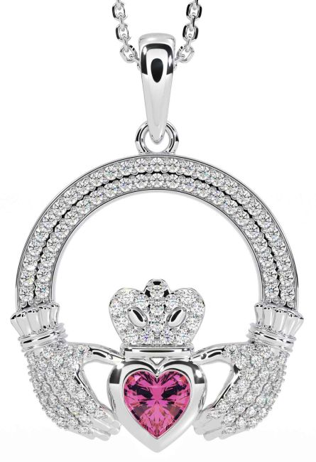 Diamond Pink Tourmaline Silver Claddagh Necklace