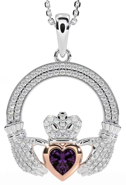 Diamond Alexandrite Rose Gold Silver Claddagh Necklace