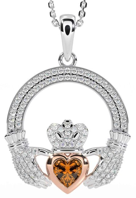 Diamond Citrine Rose Gold Silver Claddagh Necklace