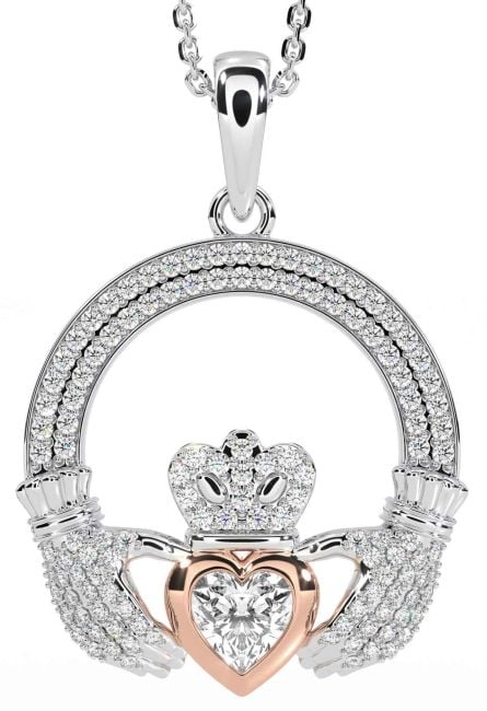 Diamond Rose Gold Silver Claddagh Necklace