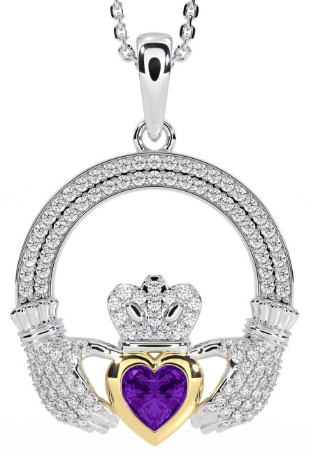 Diamond Amethyst Gold Silver Claddagh Necklace