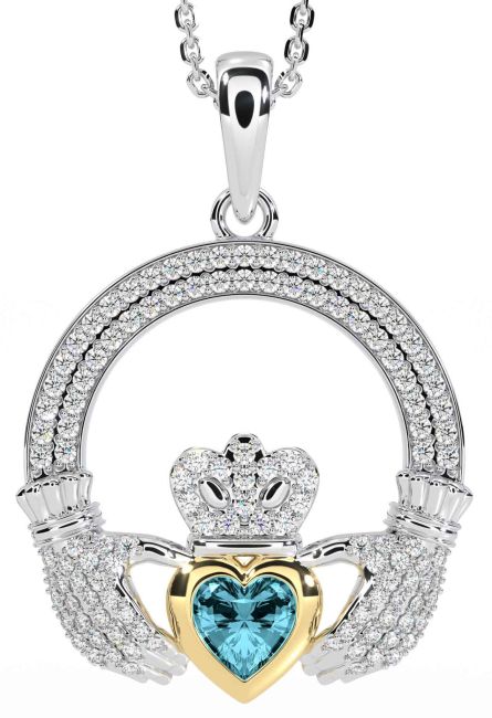 Diamond Aquamarine Gold Silver Claddagh Necklace