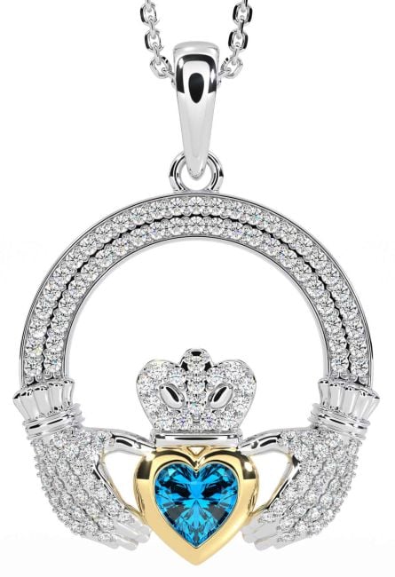 Diamond Topaz Gold Silver Claddagh Necklace