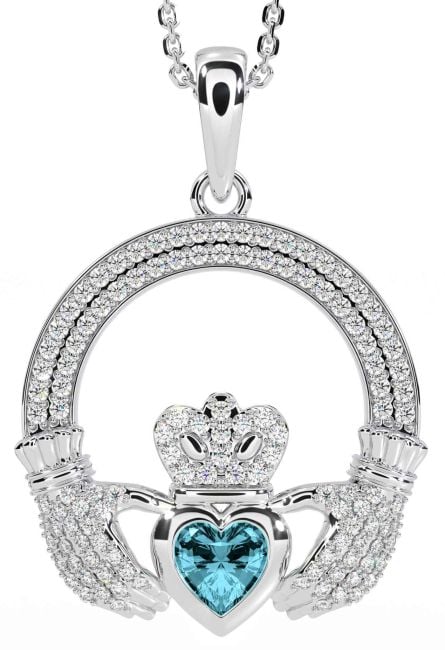 Diamond Aquamarine White Gold Claddagh Necklace
