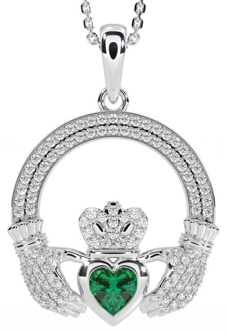 Diamond Emerald White Gold Claddagh Necklace