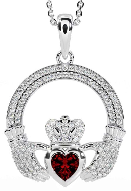 Diamond Garnet White Gold Claddagh Necklace