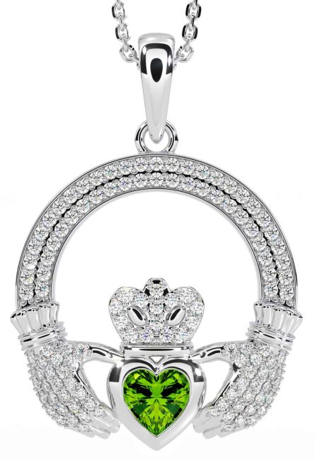 Diamond Peridot White Gold Claddagh Necklace