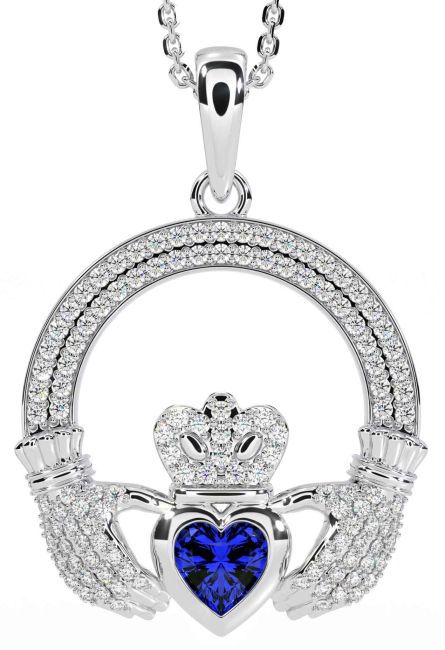 Diamond Sapphire White Gold Claddagh Necklace