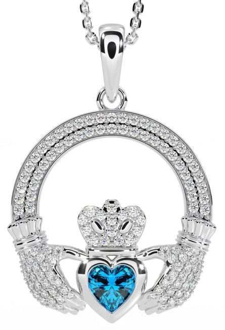 Diamond Topaz White Gold Claddagh Necklace