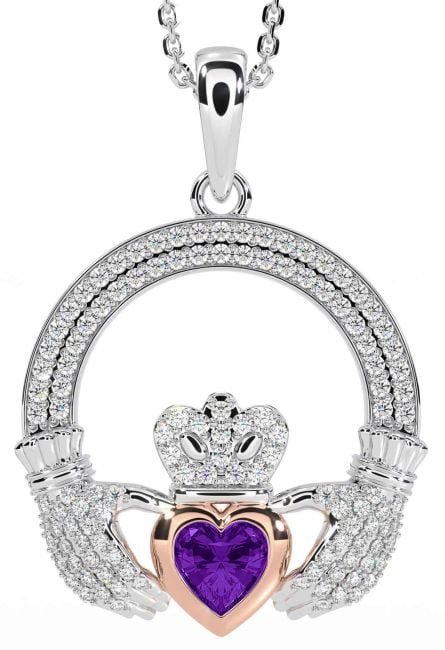 Diamond Amethyst White Rose Gold Claddagh Necklace